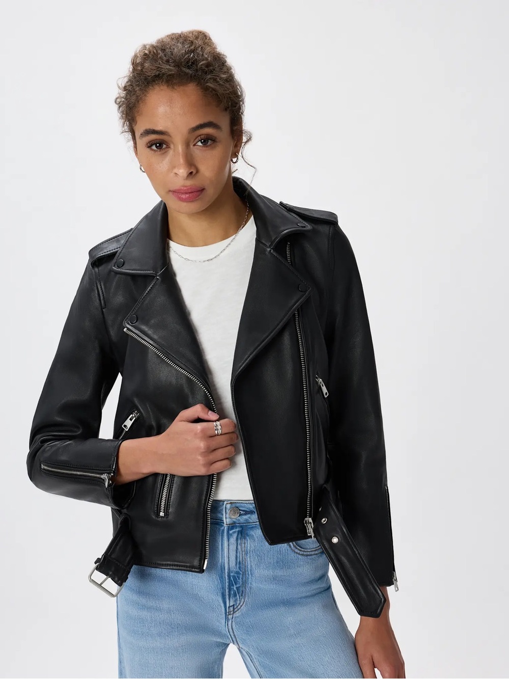 Quince Black Leather Biker Jacket with Belted Waist small